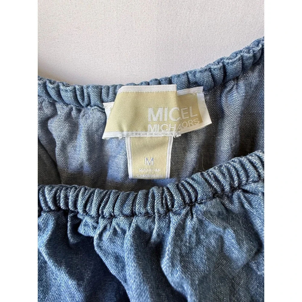 Michael Kors Blue Chambray Ruffle Peplum Top Cotton Lyocell Blend Medium